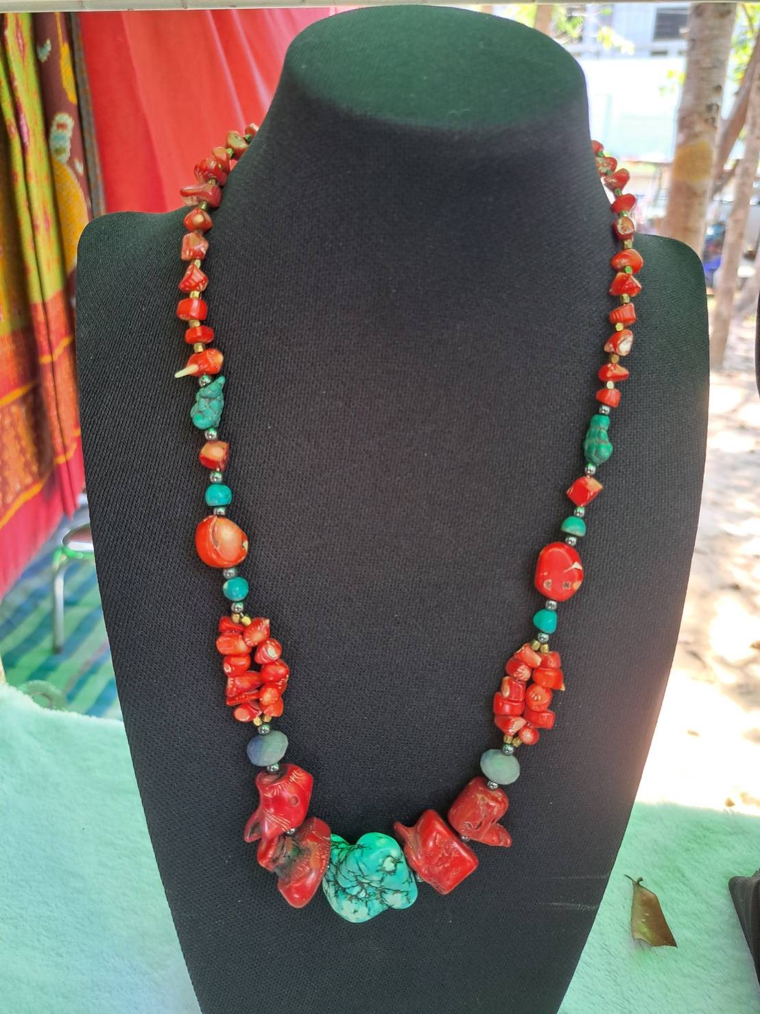 สร้อยคอ หินปะการังเเดง สลับเทอร์ควอยส์